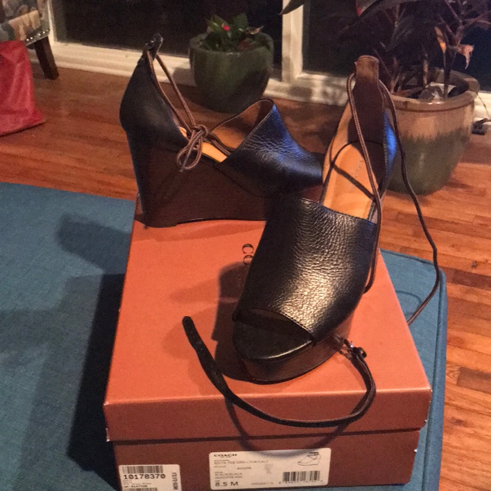 Coach Edita Black Leather Wedge Ankle Strap